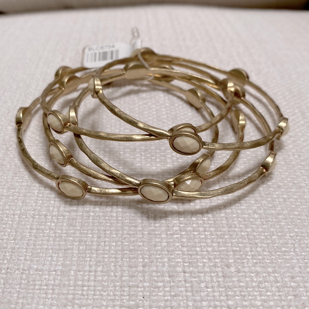 Stackable Bangles Bracelets Set of 5 Gold Hammered Metal Faceted Faux Stone NWT